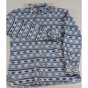 Men's Mango Blue White Geometric Pattern Long Sleeve Button Up Shirt Casual‎ Top